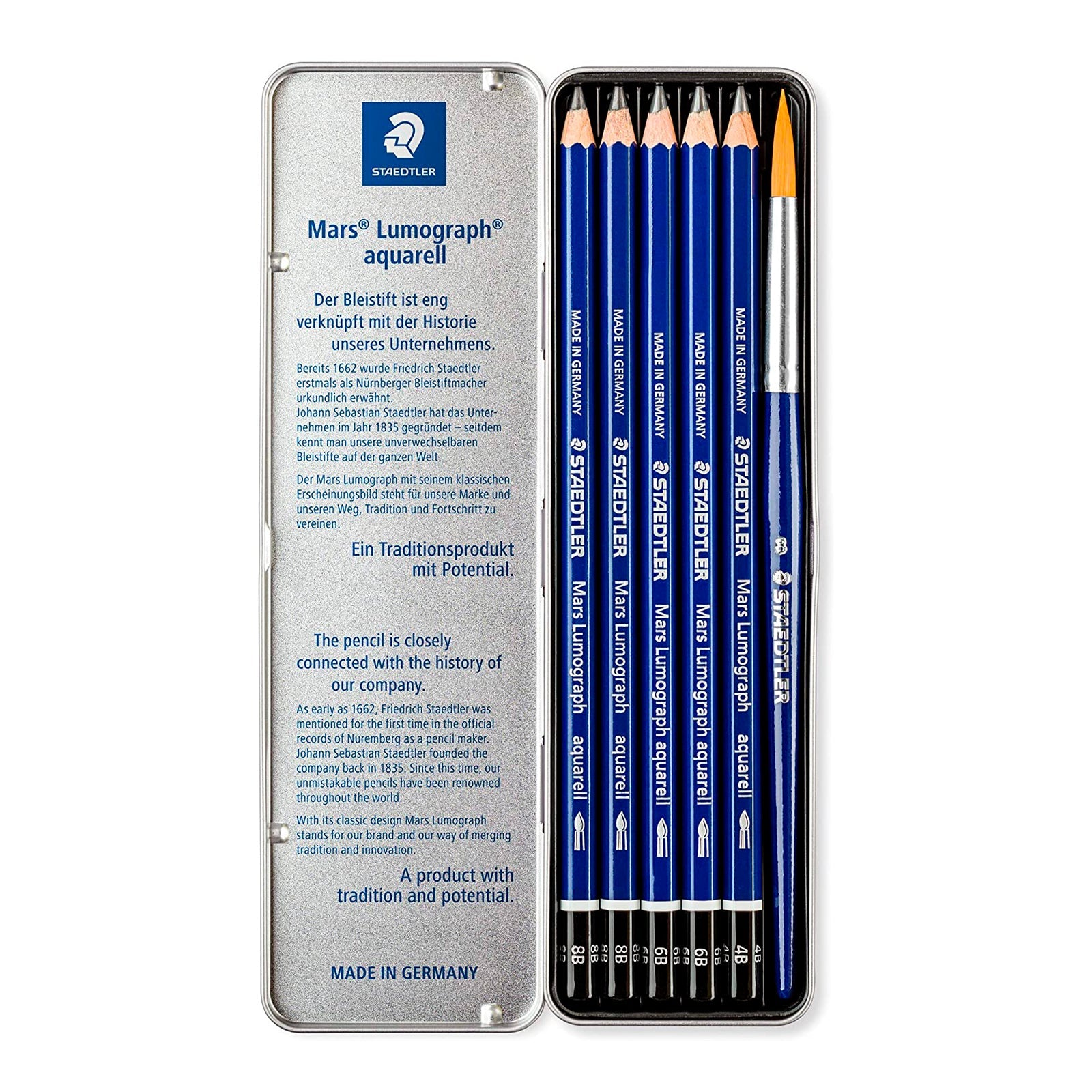  STAEDTLER Mars Lumograph - Caja Metálica con 5 Lápices Acuarelables con Pincel Incluido