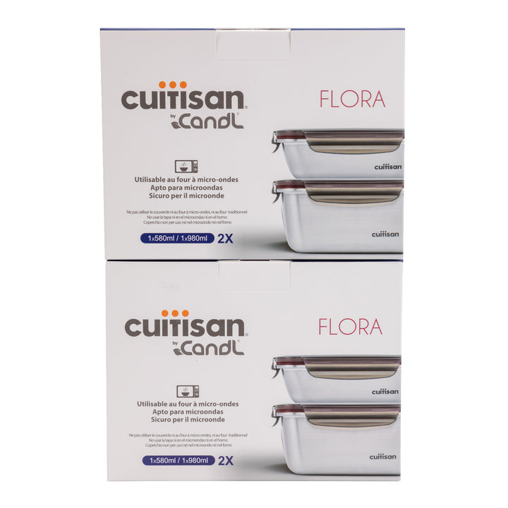 Cuitisan Flora - Lote de 4 Recipientes Rectangulares de 0.6L y 1L en Acero Inoxidable Aptos Microondas