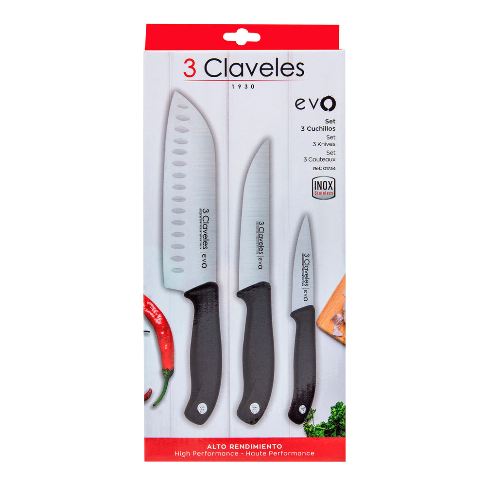 Claveles EVO - Set de 3 Cuchillos de Verduras, Cocina y Santoku en Acero Inoxidable