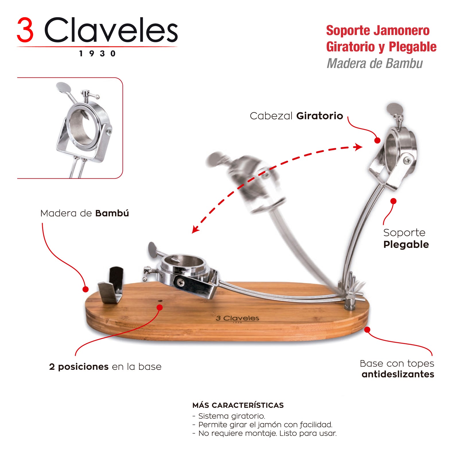 3 Claveles - Set Soporte Jamonero Plegable en Bambú y Cuchillos Jamoneros con Chaira