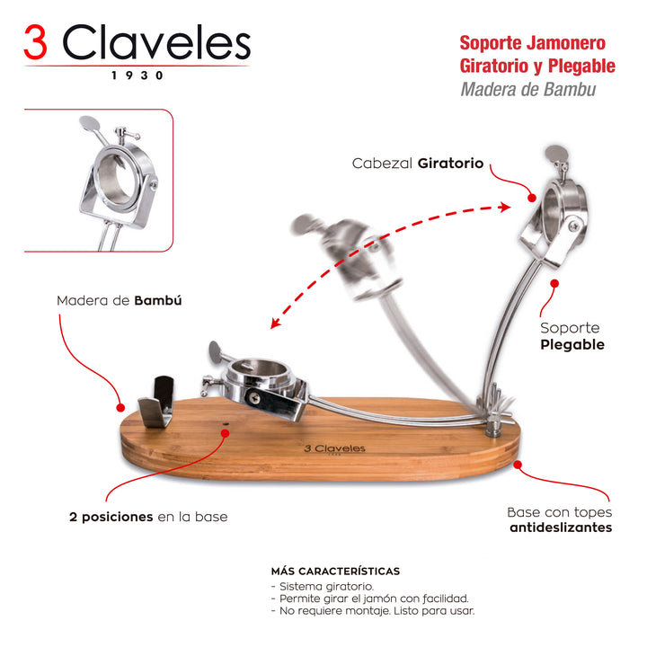 3 Claveles - Set Soporte Jamonero Plegable en Bambú y Cuchillos Jamoneros con Chaira