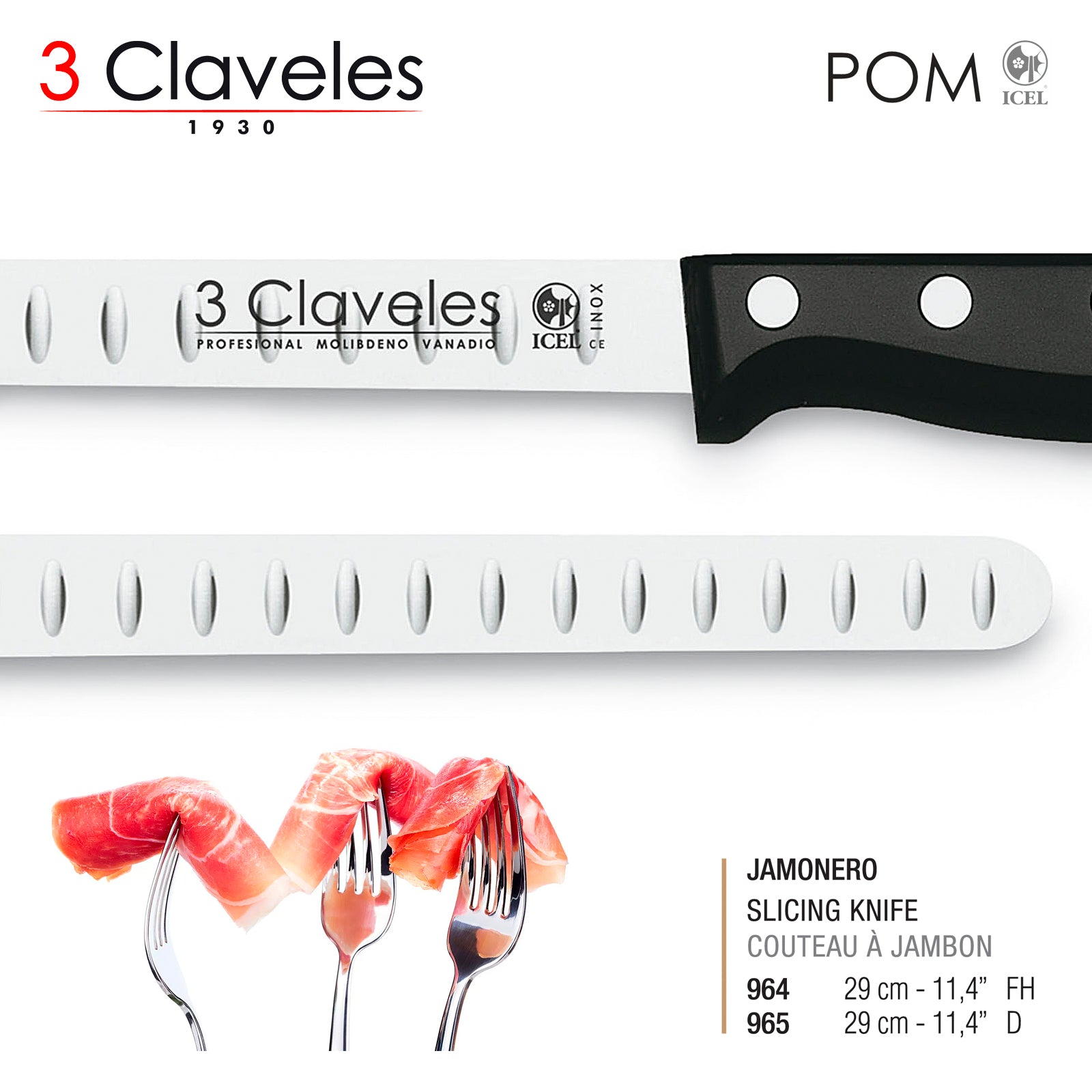 3 Claveles POM - Cuchillo Jamonero Profesional 30 cm Acero Inoxidable