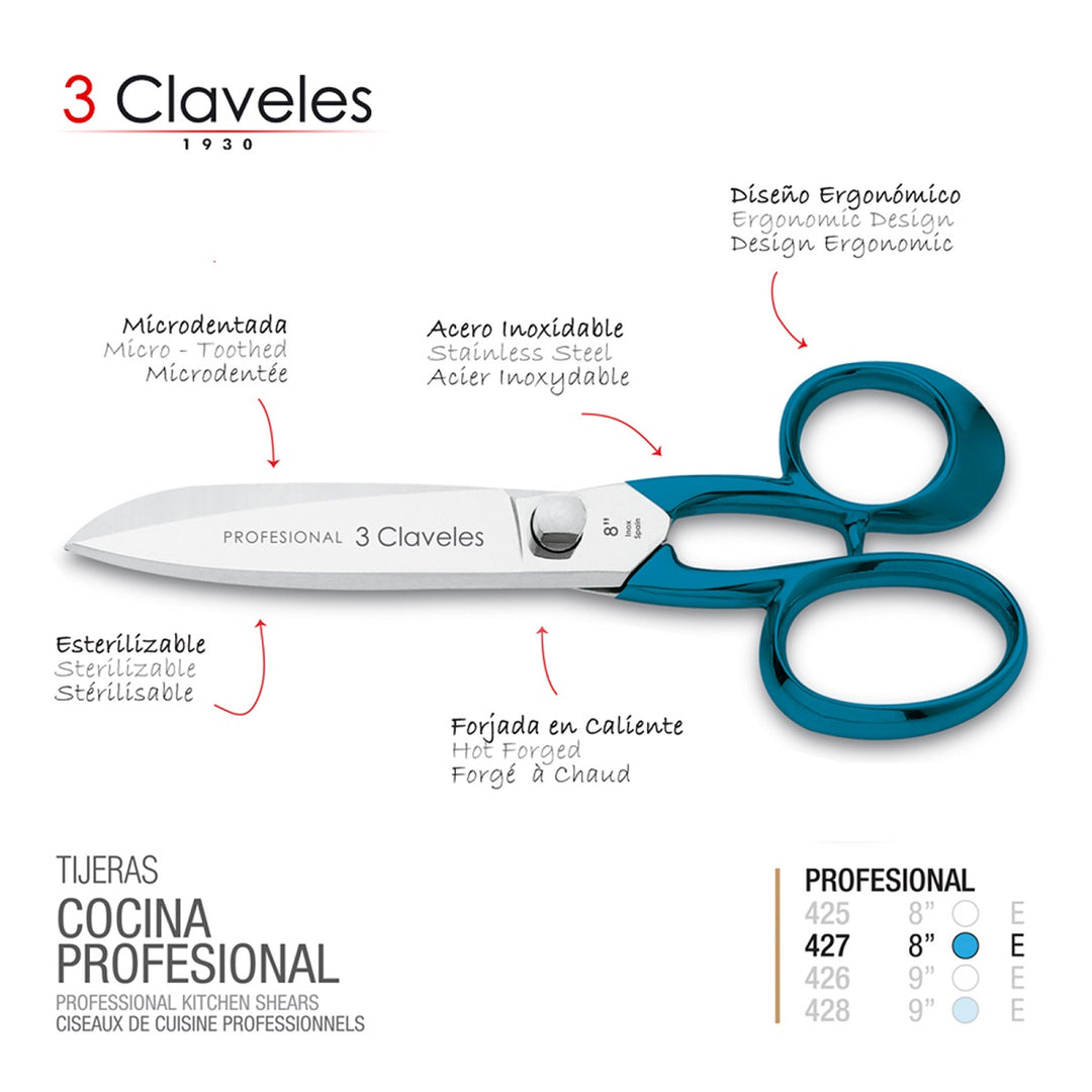 3 Claveles - Tijeras de Cocina Profesionales 8" 20 cm. Acero Forjado en Caliente. Mango Azul