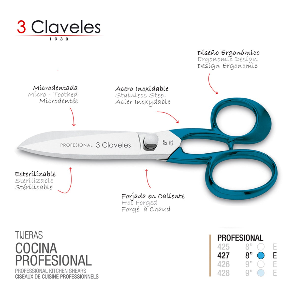3 Claveles - Tijeras de Cocina Profesionales 8" 20 cm. Acero Forjado en Caliente. Mango Azul