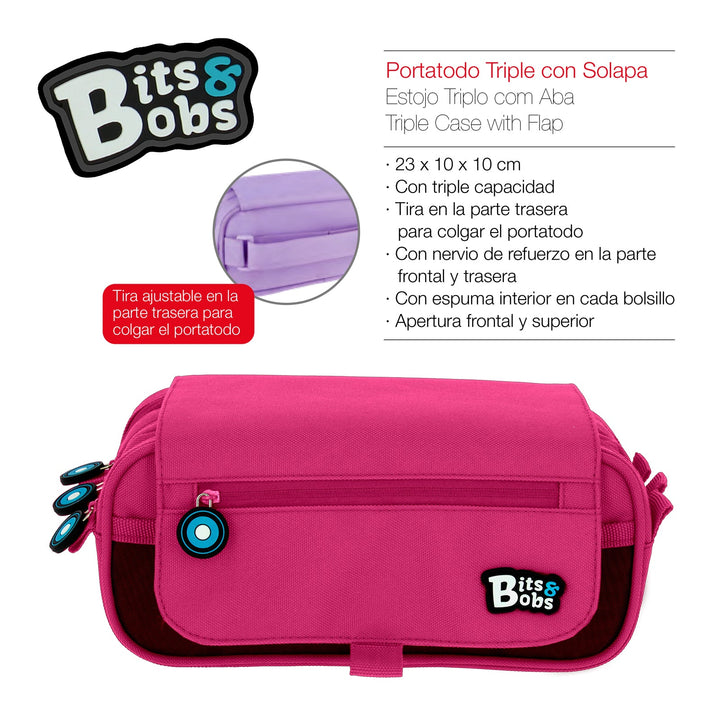 ColePack EcoBB - Estuche Triple de 3 Cremalleras con Material Escolar Incluido. Magenta