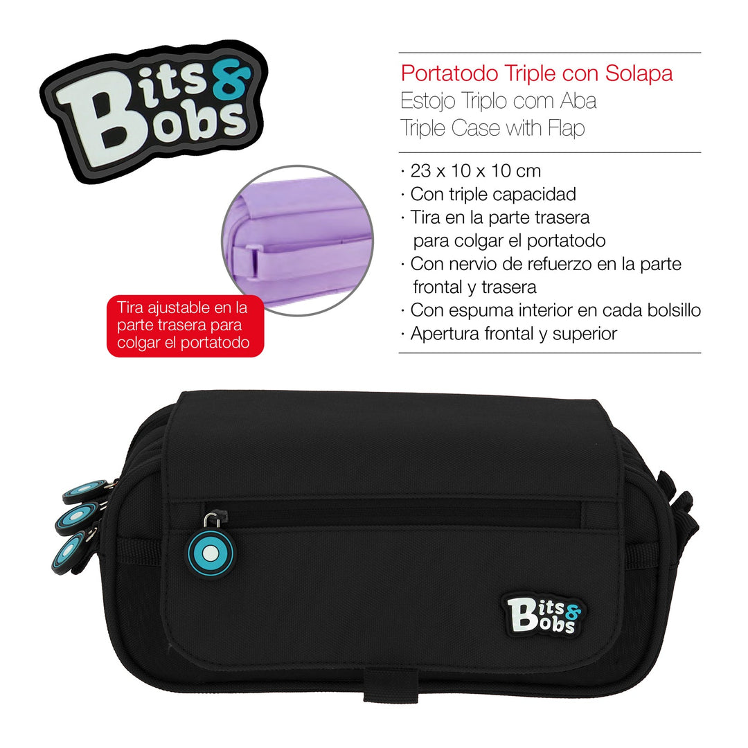 ColePack EcoBB - Estuche Triple de 3 Cremalleras con Material Escolar Incluido. Negro