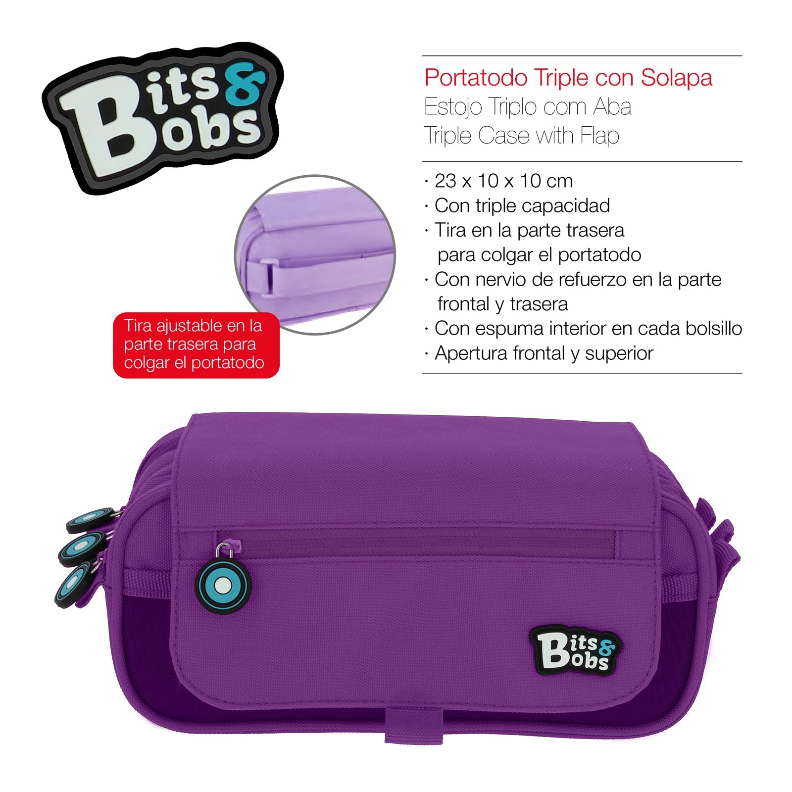 ColePack EcoBB - Estuche Triple de 3 Cremalleras con Material Escolar Incluido. Violeta