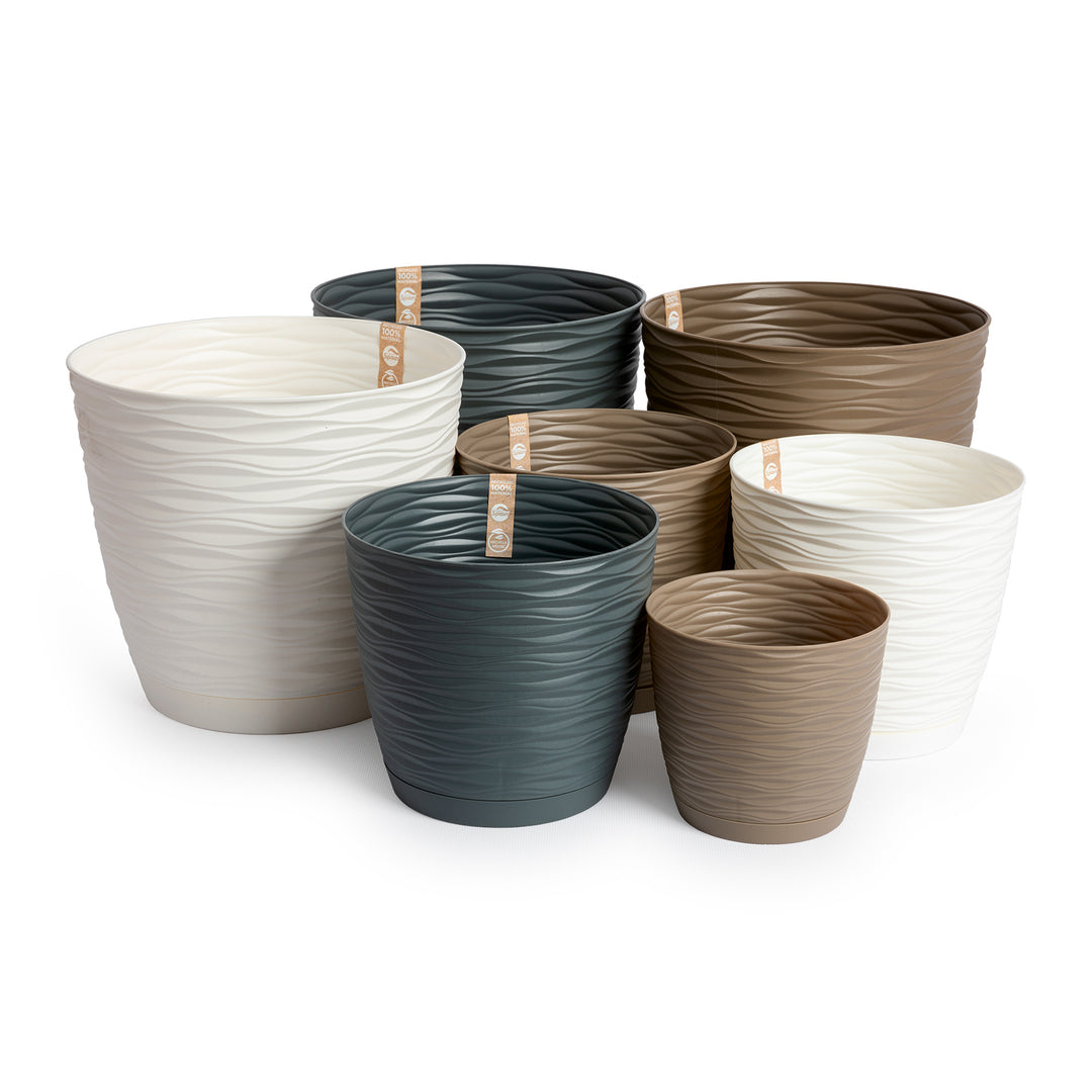 Areca Wind - Set de 4 Macetas Decorativas Redondas 11 cm con Platos Integrados. Taupe