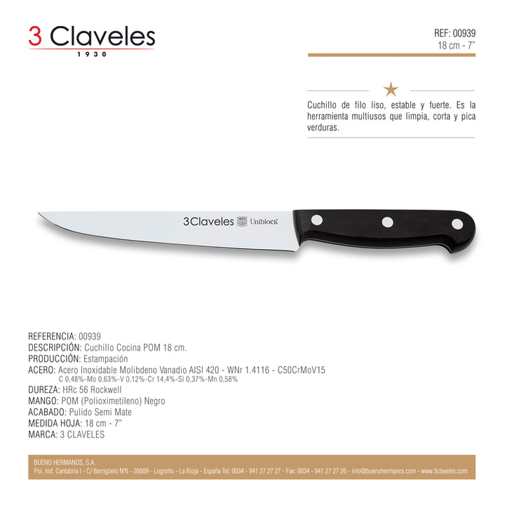 3 Claveles Uniblock - Cuchillo Cocinero Profesional 18 cm Acero Inoxidable. Mango POM
