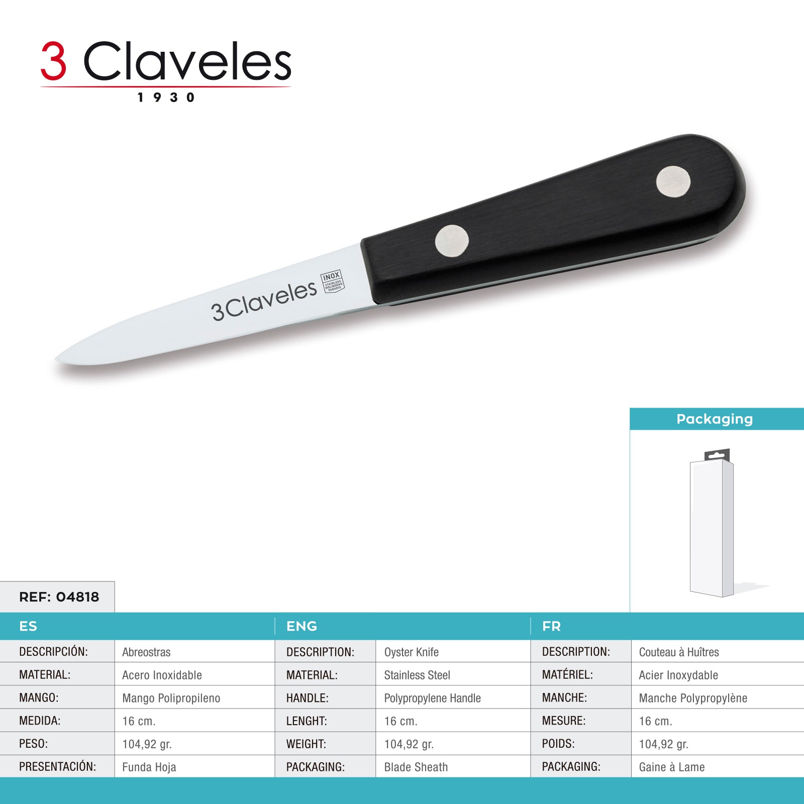 3 Claveles POM - Abre Ostras de 16 cm Acero Inoxidable con Mango de Polipropileno