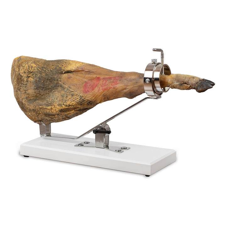 BELLO Aneto - Soporte Jamonero Basculante en DM Blanco y Acero Inoxidable con Cubrejamón