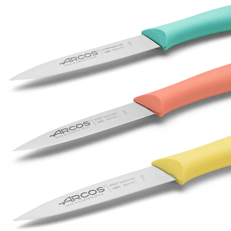 ARCOS Juego de 3 cuchillos de pelar de acero inoxidable y mango ergonómico  de polipropileno para cortar frutas, verduras y tubérculos. Serie Nova.