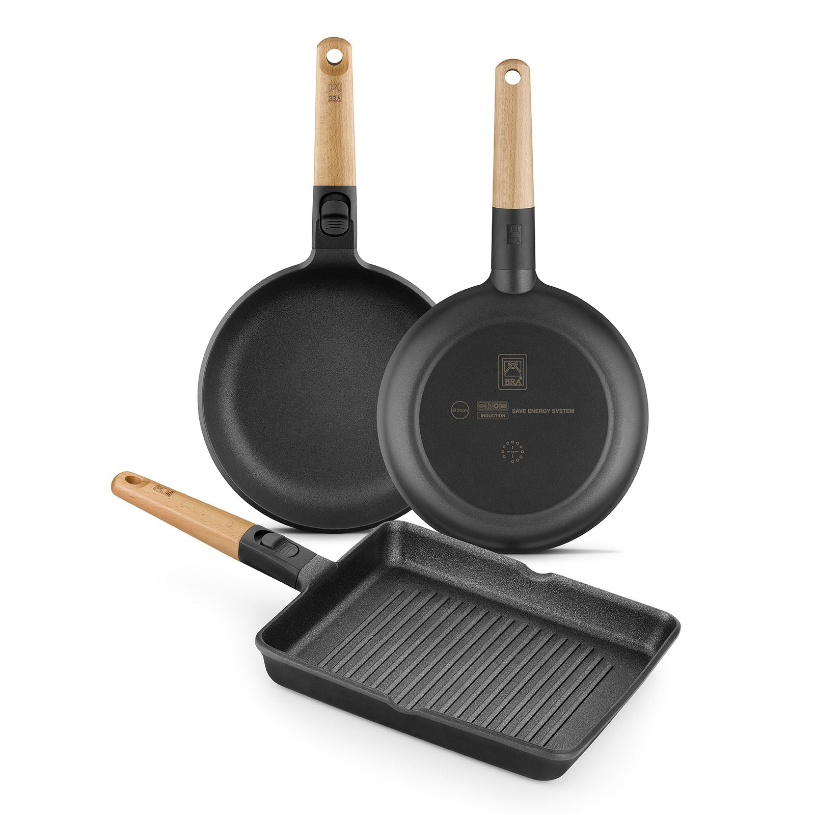 BRA Market - Grill Rayado 28 cm Mango Desmontable en Madera de Haya. Apto Inducción