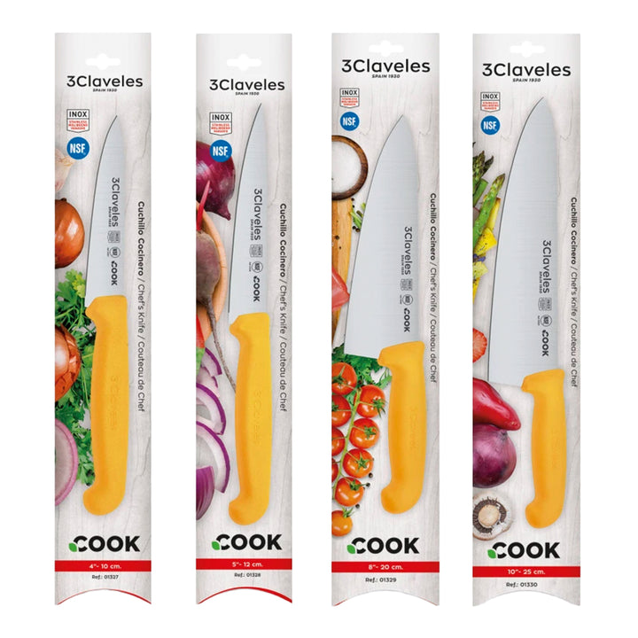 3 Claveles COOK - Juego de 4 Cuchillos Profesionales Cocinero Ergonomicos NSF. Amarillo