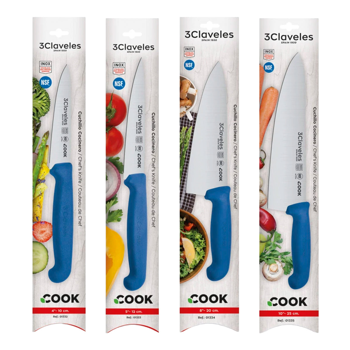 3 Claveles COOK - Juego de 4 Cuchillos Profesionales Cocinero Ergonomicos NSF. Azul