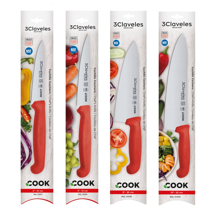 3 Claveles COOK - Juego de 4 Cuchillos Profesionales Cocinero Ergonomicos NSF. Rojo