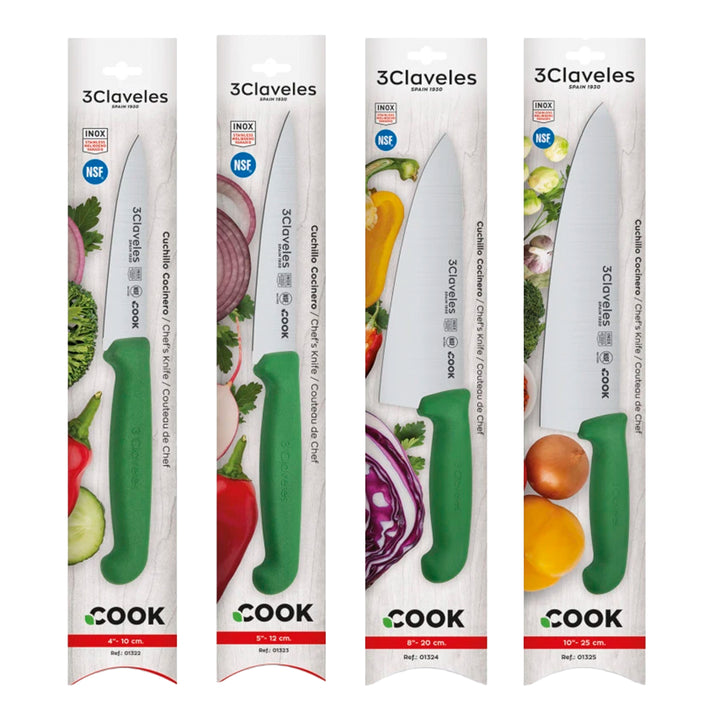 3 Claveles COOK - Juego de 4 Cuchillos Profesionales Cocinero Ergonomicos NSF. Verde