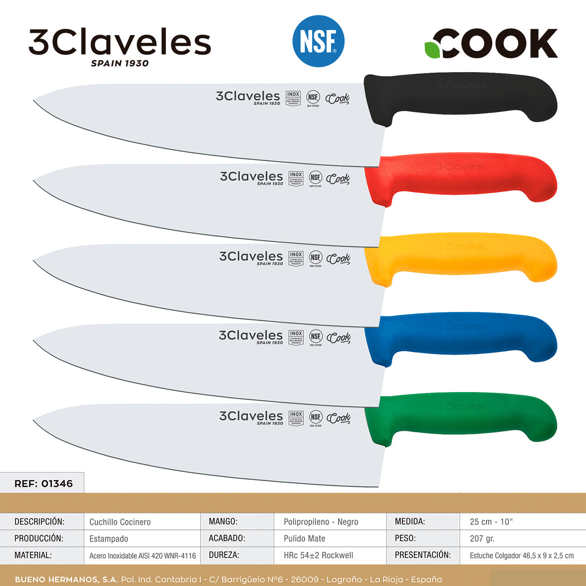 3 Claveles COOK - Cuchillo Cocinero Profesional de 25 cm. Mango Ergonómico NSF