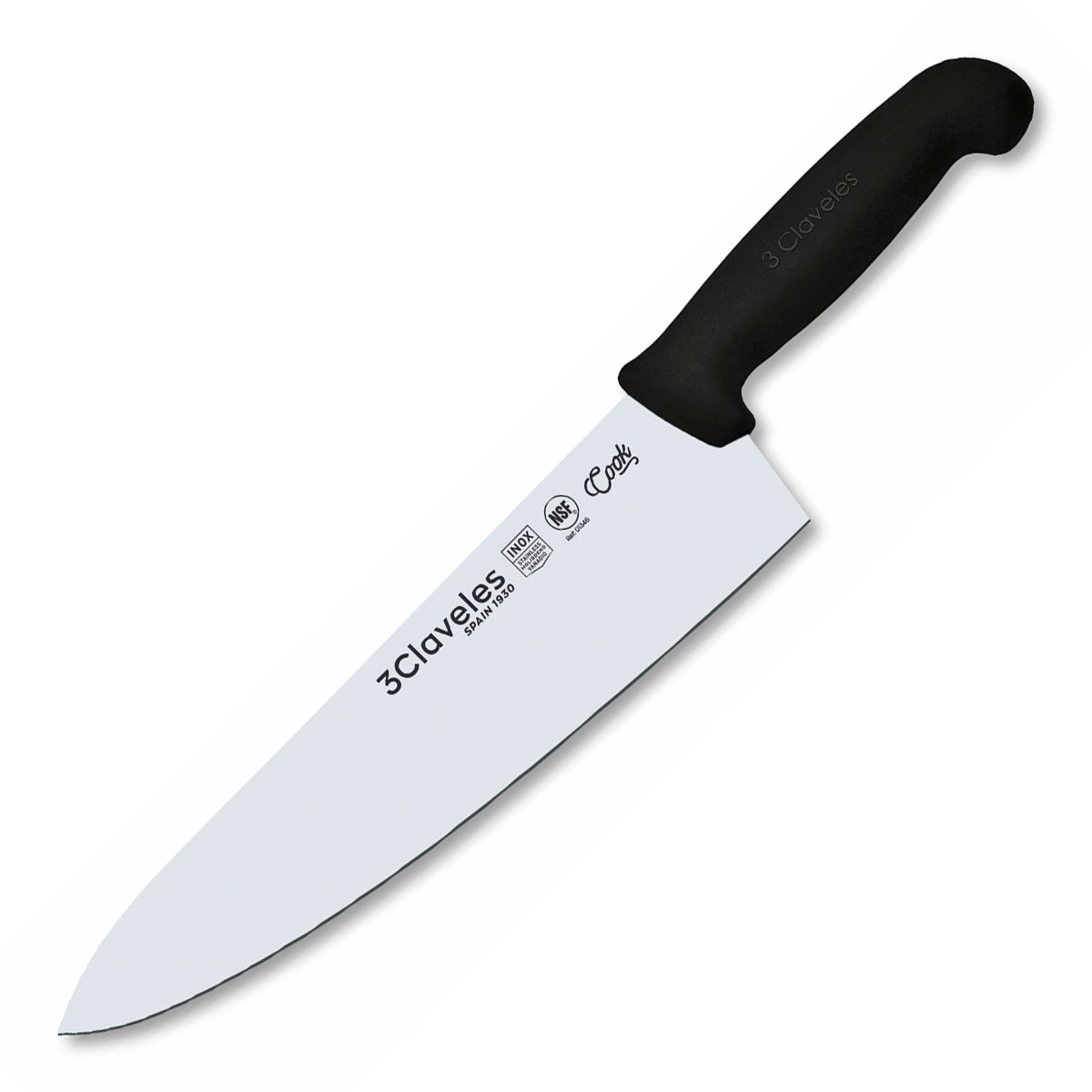 3 Claveles COOK - Cuchillo Cocinero Profesional de 25 cm. Mango Ergonómico NSF. Negro