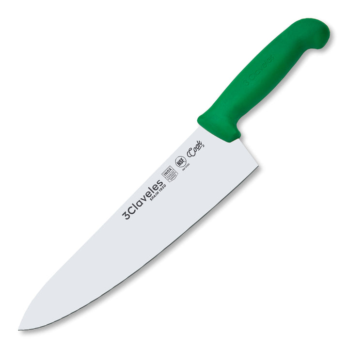 3 Claveles COOK - Cuchillo Cocinero Profesional de 25 cm. Mango Ergonómico NSF. Verde