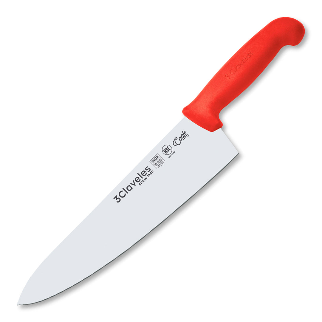 3 Claveles COOK - Cuchillo Cocinero Profesional de 25 cm. Mango Ergonómico NSF. Rojo