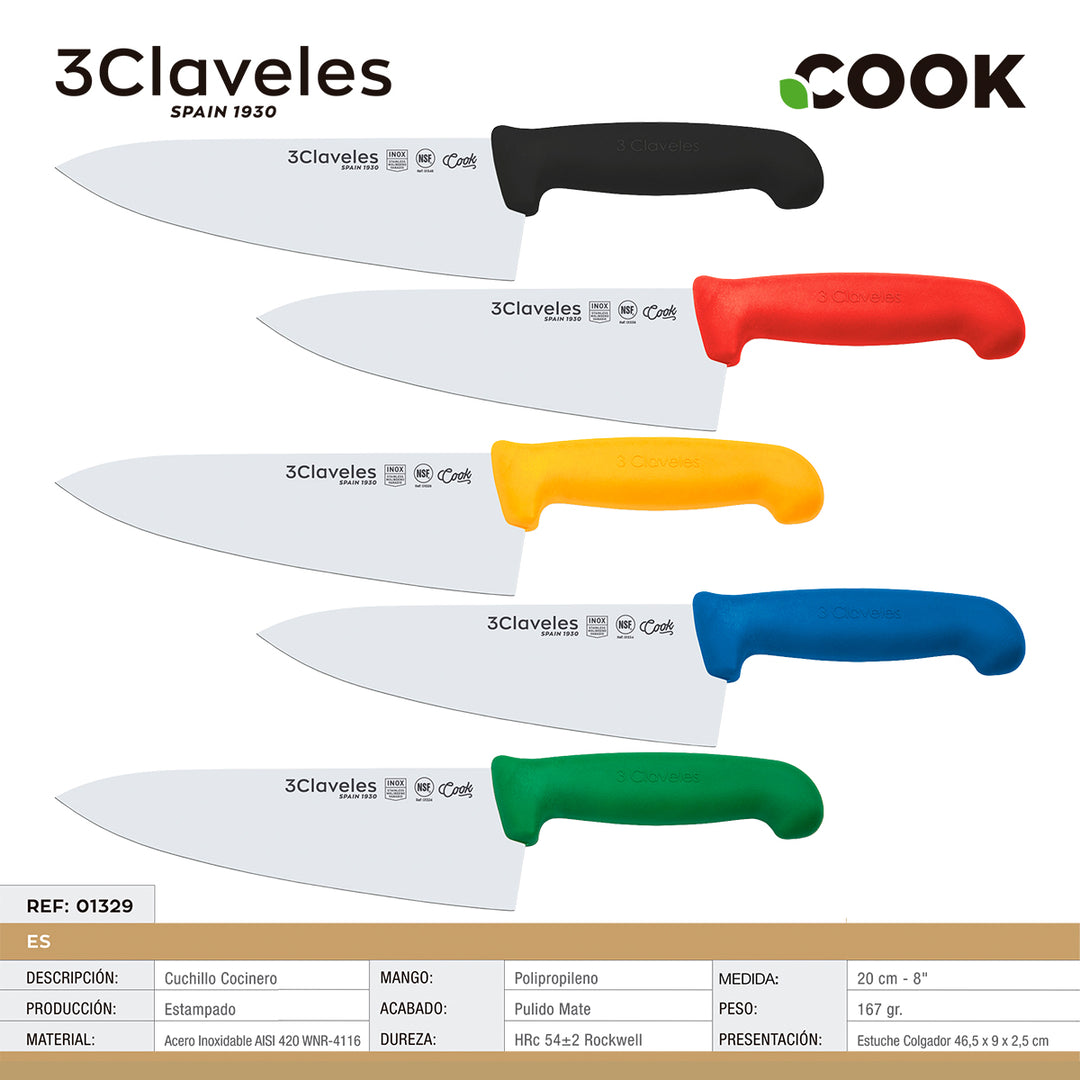 3 Claveles COOK - Cuchillo Cocinero Profesional de 20 cm. Mango Ergonómico NSF