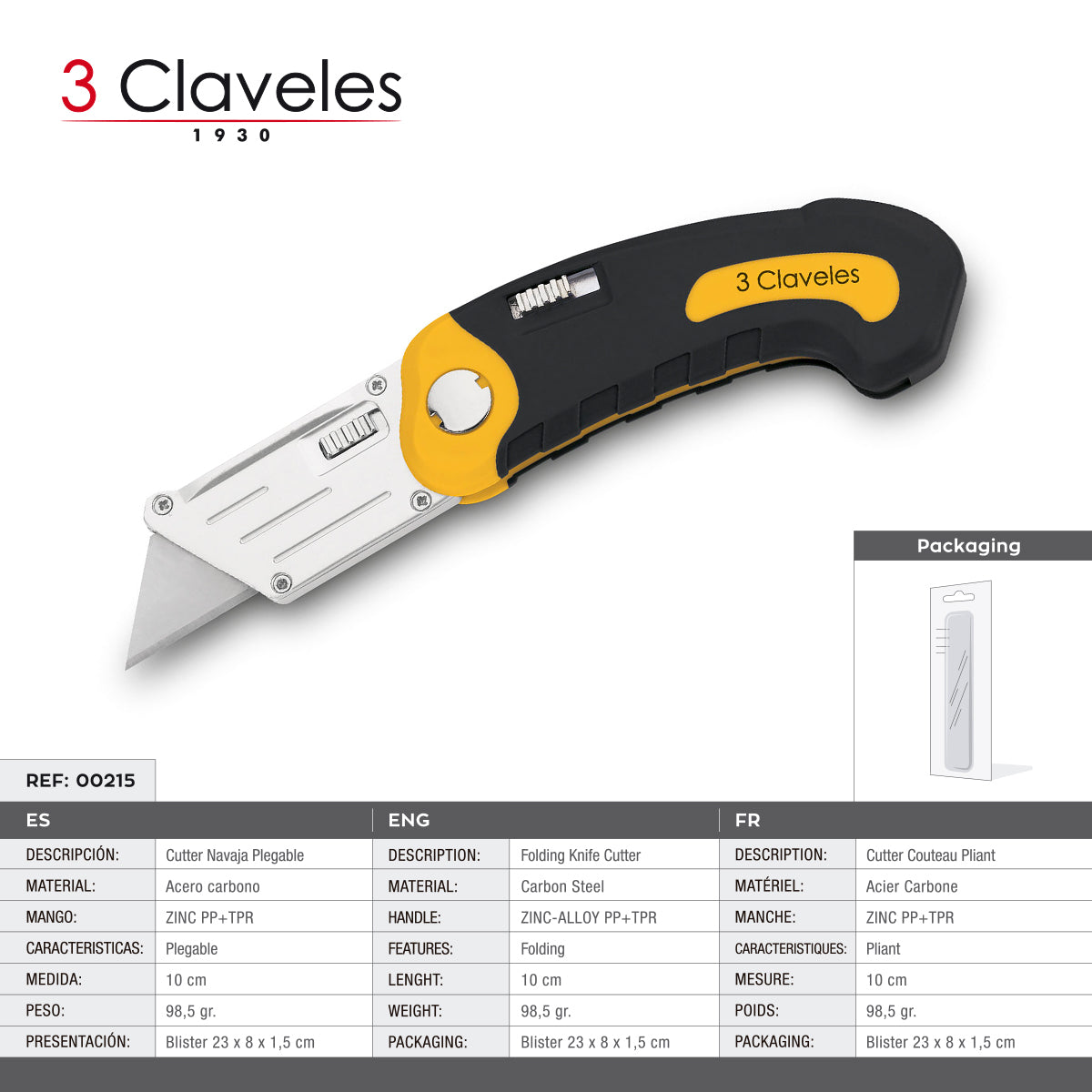 3 Claveles - Cutter Navaja Profesional Plegable Alto Rendimiento. Cuchilla Trapezoidal 19 mm
