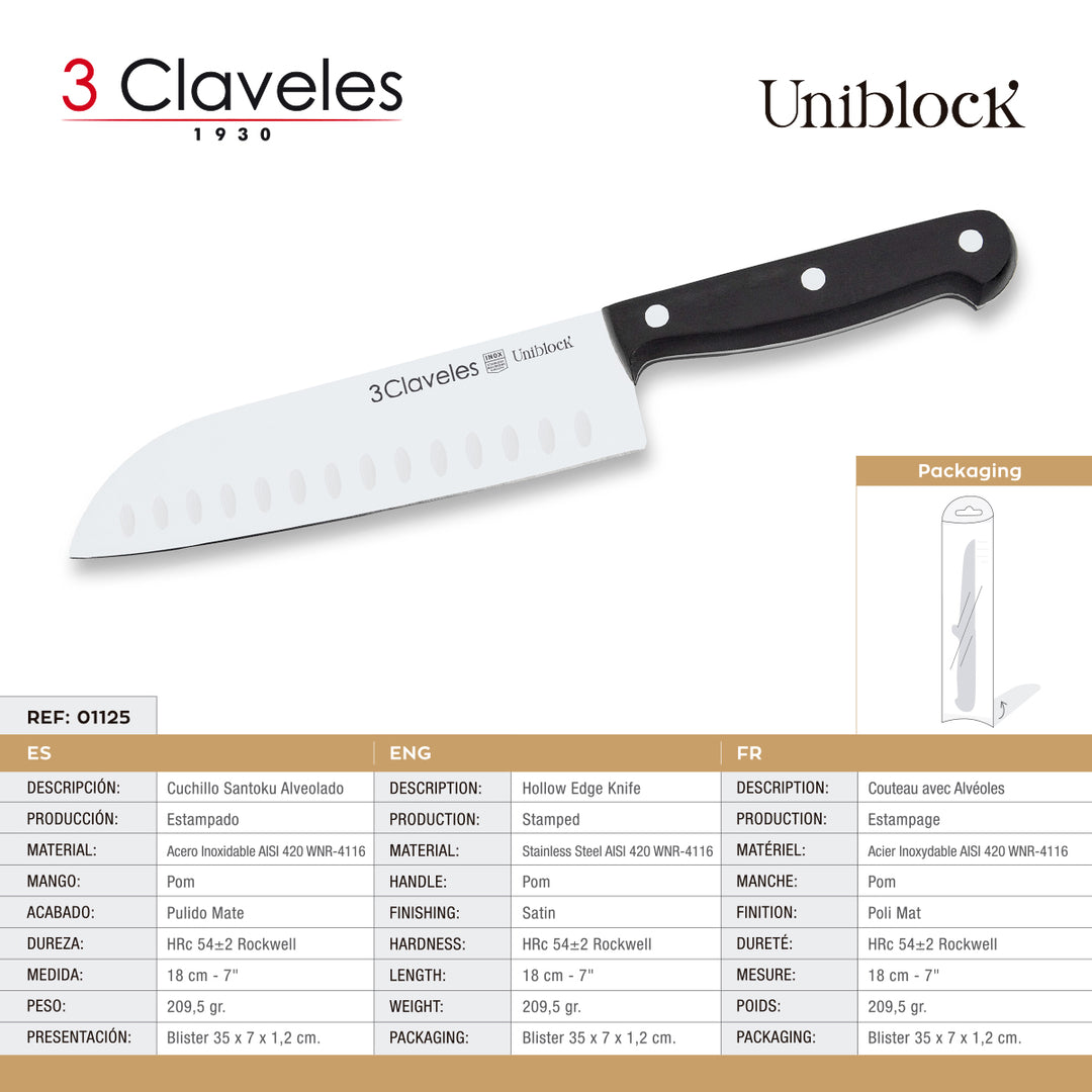 3 Claveles Uniblock - Juego de 3 Cuchillos Profesionales Gama Santoku Mango POM
