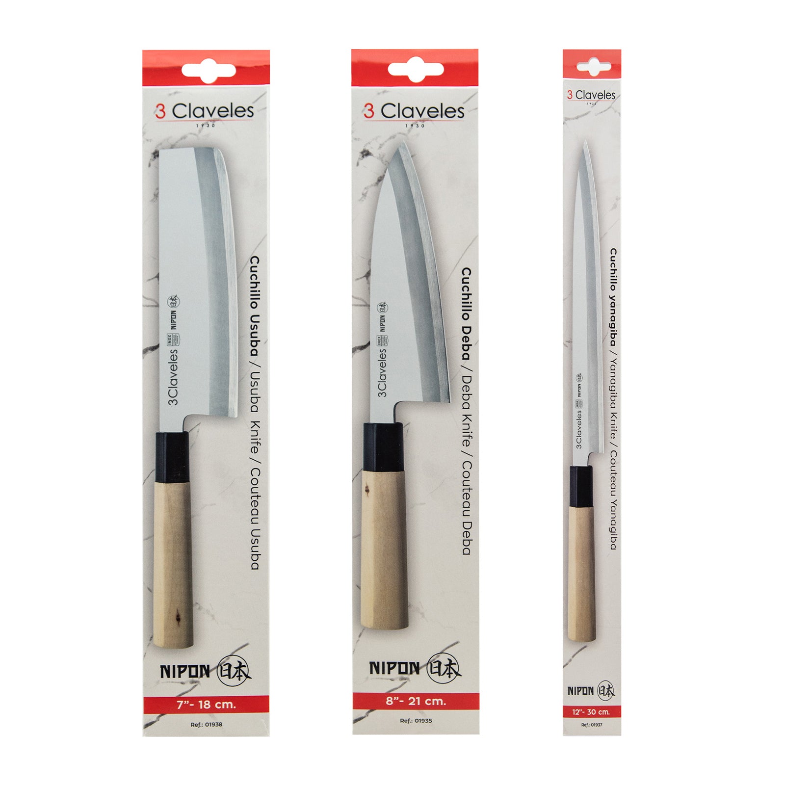 3 Claveles NIPON - Kit Cuchillos Grandes Tipo Japonés Acero Inoxidable y Mango de Arce