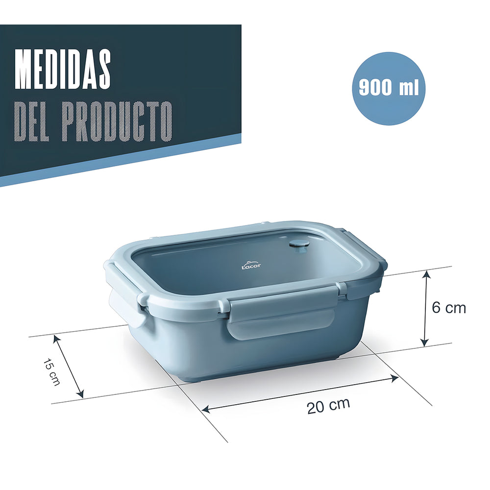LACOR Ceram - Recipiente Rectangular de 0.9L en Cerámica y Tapa de Cristal Apto Microondas. Blue