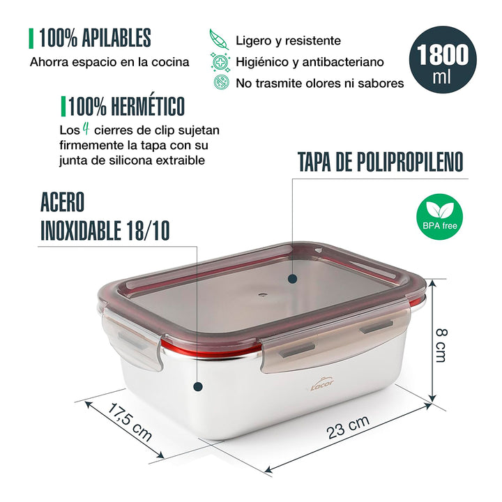 LACOR EcoInox - Lote de 2 Recipientes Rectangulares de 1.8L en Acero Inoxidable Apto Microondas