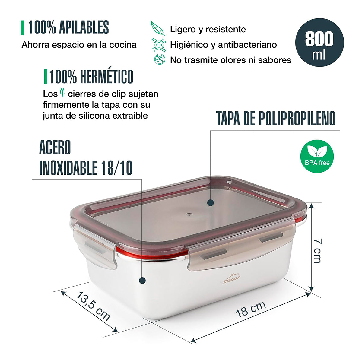 LACOR EcoInox - Lote de 3 Recipientes Rectangulares de 0.8L en Acero Inoxidable Apto Microondas