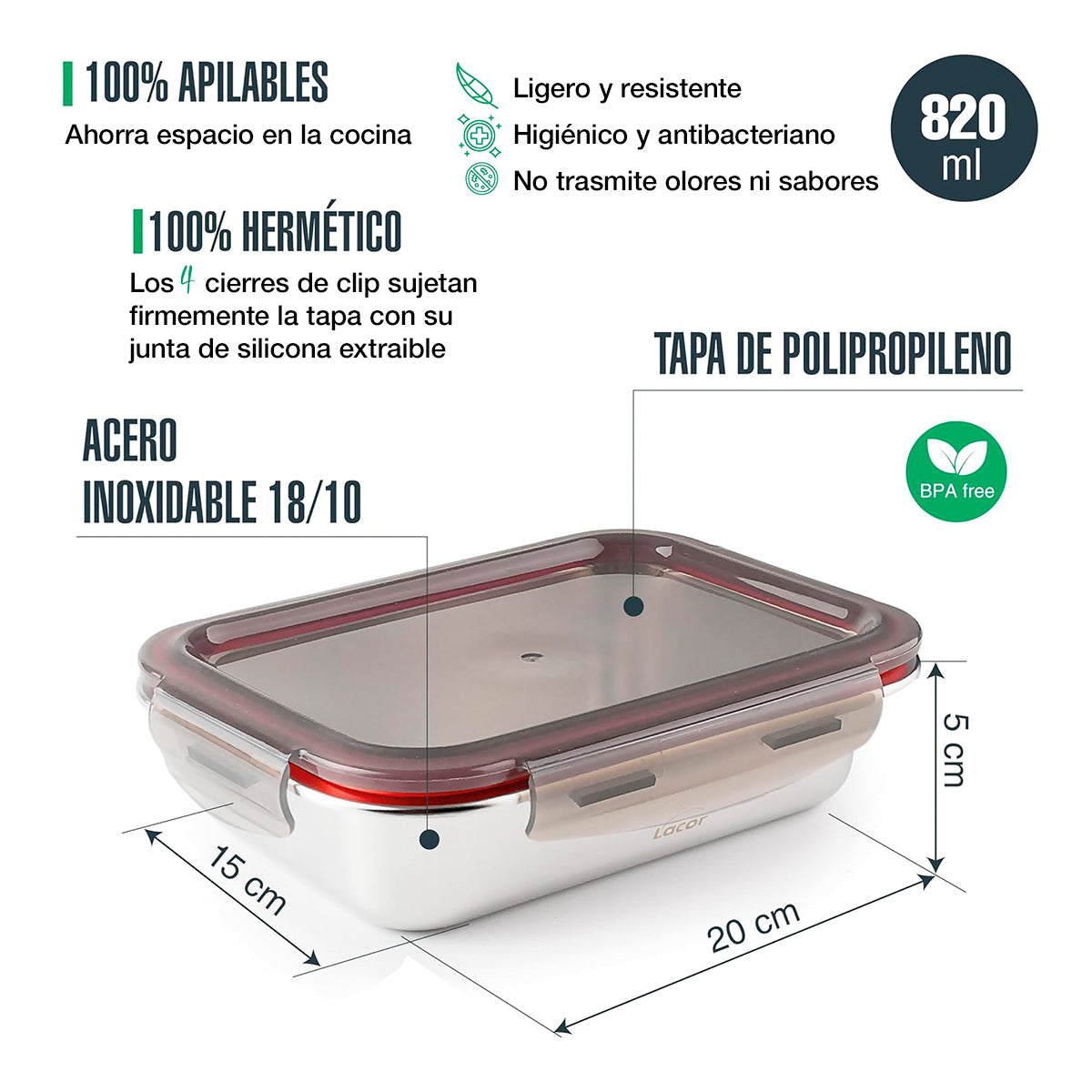 LACOR EcoInox - Lote de 3 Recipientes Rectangulares Bajos de 0.8L en Acero Inoxidable Apto Microondas