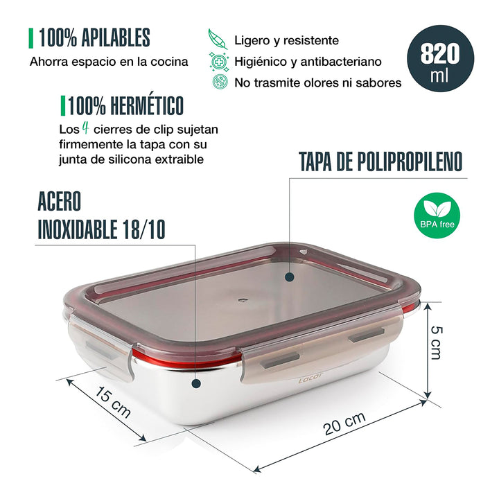 LACOR EcoInox - Lote de 3 Recipientes Rectangulares Bajos de 0.8L en Acero Inoxidable Apto Microondas