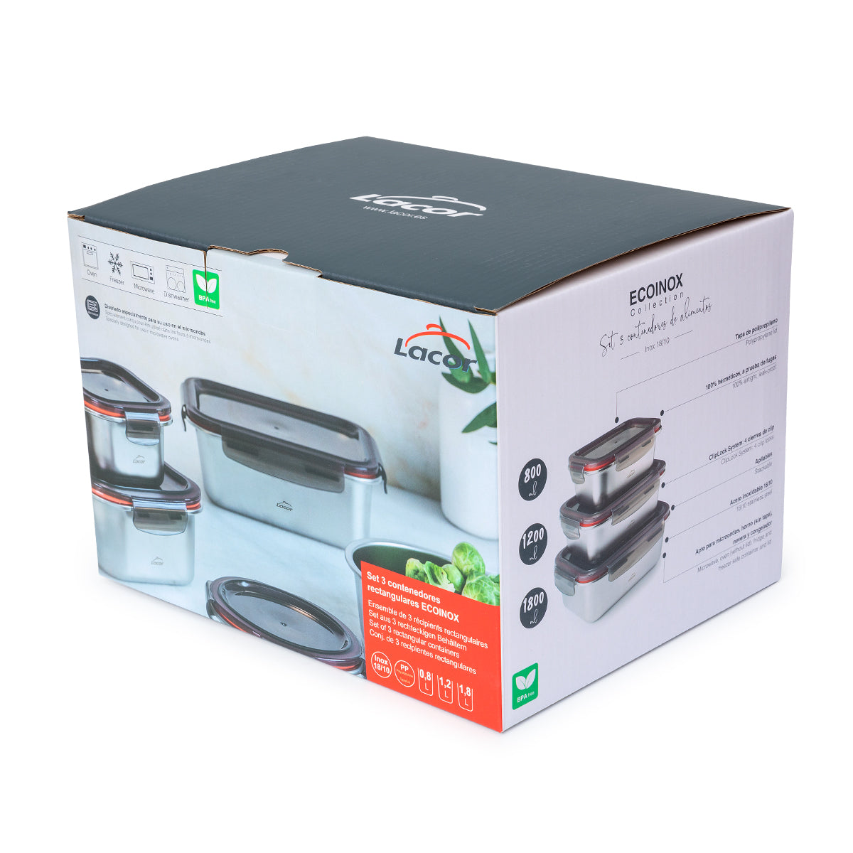 LACOR EcoInox - Lote de 3 Recipientes Rectangulares de 0.8L, 1.2L y 1.8L en Acero Inox. Apto Microondas