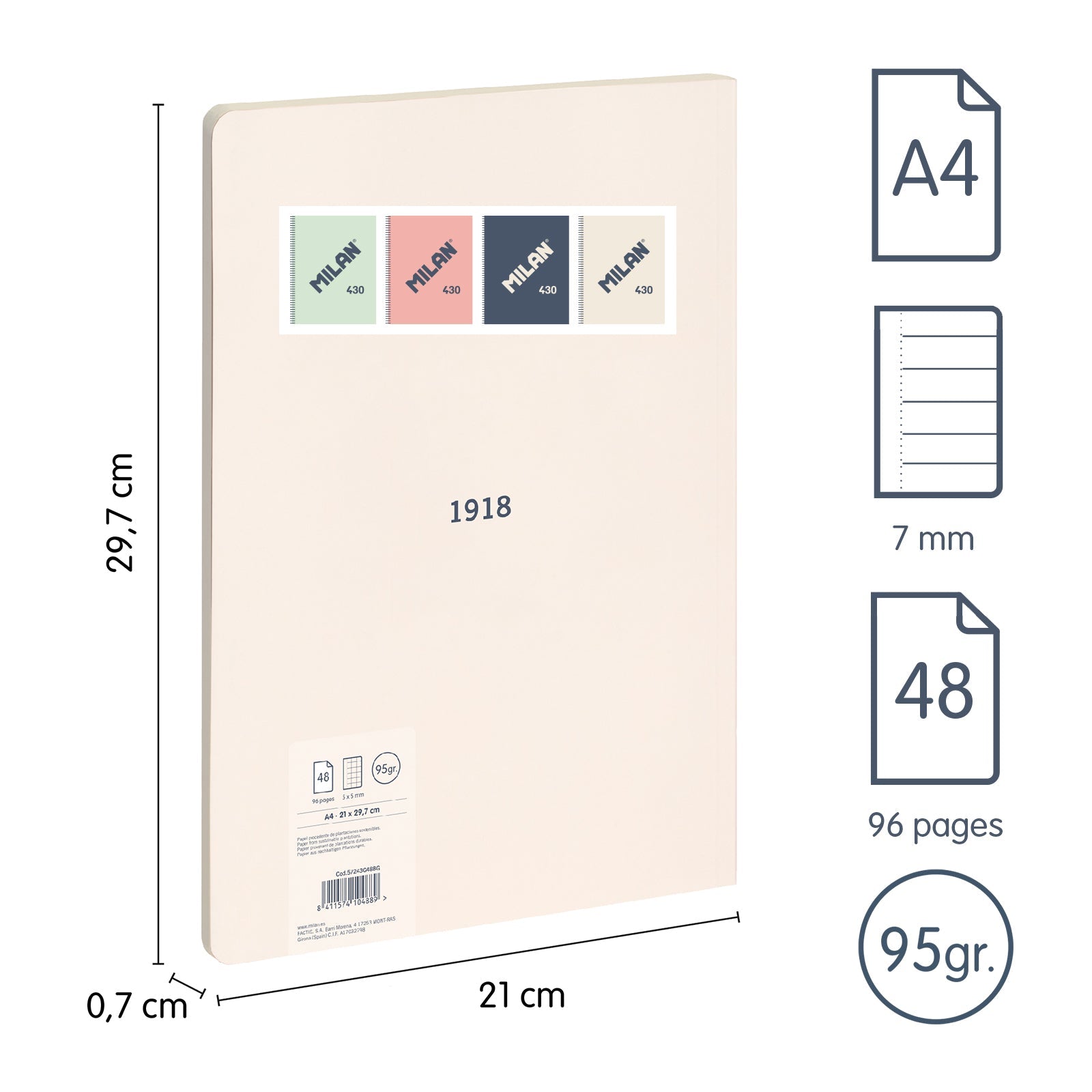 MILAN 430 - Libreta A4 Encolada. Papel Pautado 48 Hojas 95gr Rosa