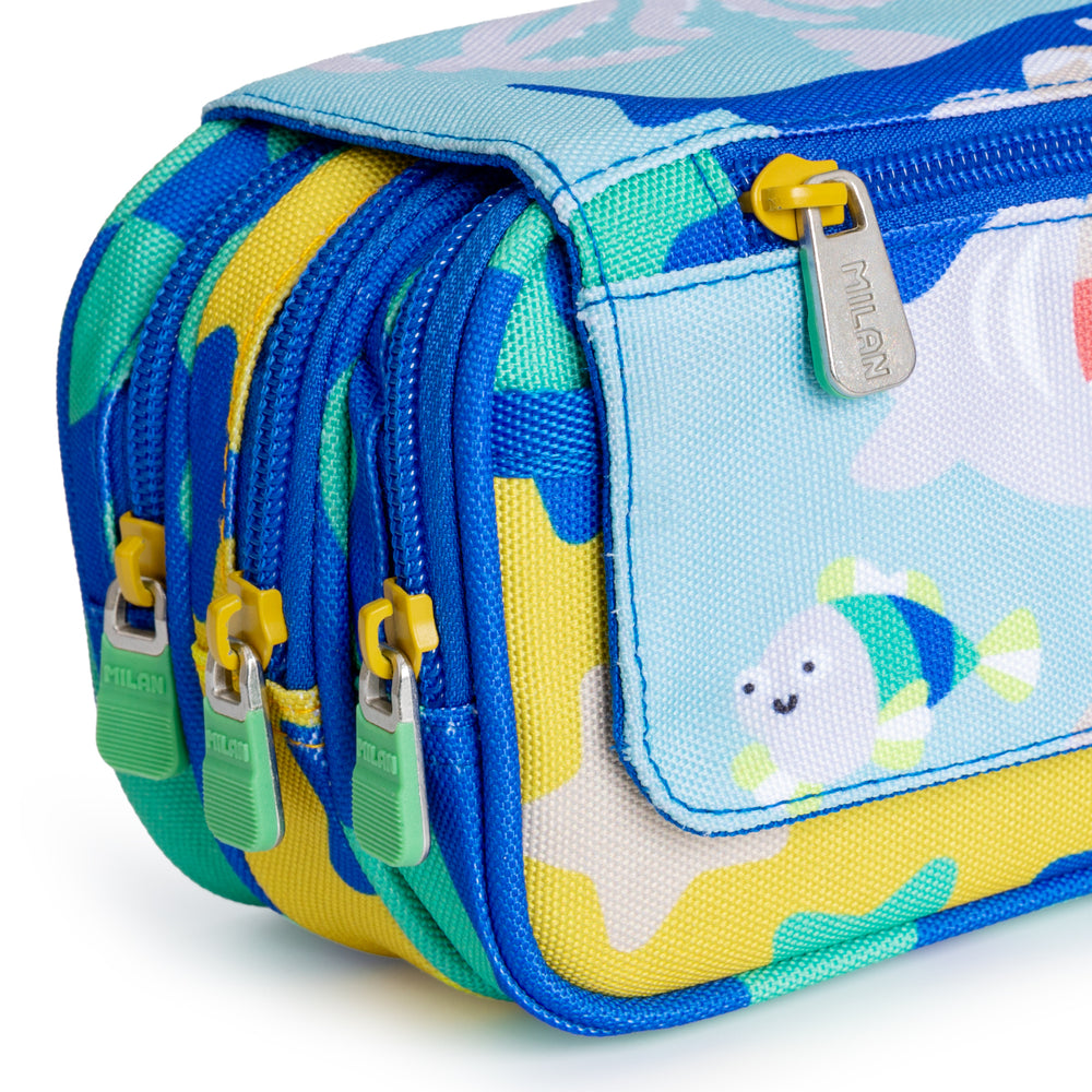 Milan Blue Odyssey - Estuche Portatodo Triple con Cuatro Cremalleras para Material Escolar