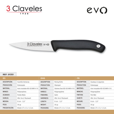 Claveles EVO - Set de 3 Cuchillos Mondador, Puntilla y Verduras en Acero Inoxidable