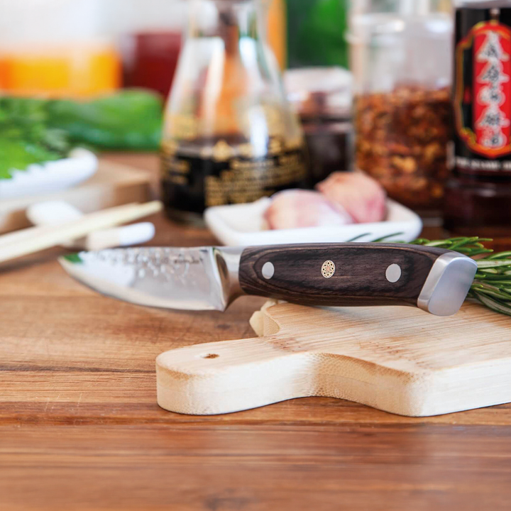 3 Claveles Kimura - Cuchillo Cocina 9 cm Acero Forjado Hoja Martilleada Mango Pakka