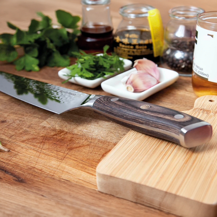 3 Claveles Kimura - Cuchillo Cocinero 20 cm Acero Forjado Hoja Martilleada Mango Pakka