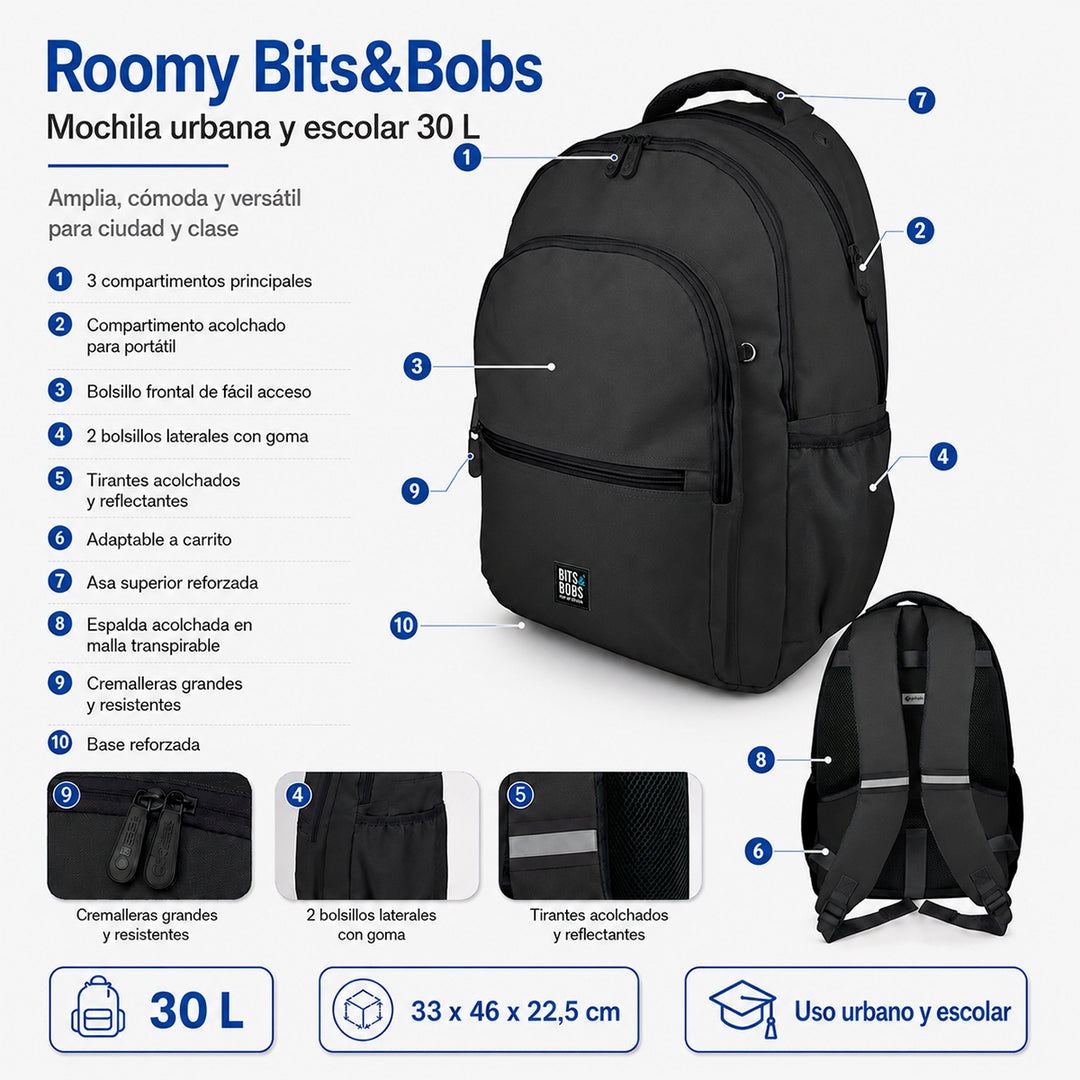 Grafoplás - Mochila Escolar 3 Cremalleras con Divisor Portátil y Adaptable Carrito. Negro