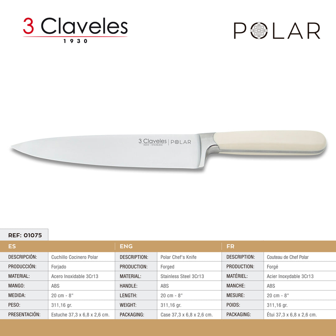 3 Claveles Polar - Cuchillo Cocinero Profesional 20 cm Acero Forjado y Mango en ABS