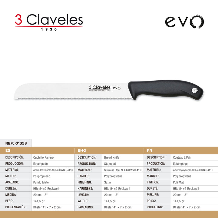 3 Claveles EVO - Cuchillo Panero de 20 cm Acero Inoxidable Mango Polipropileno