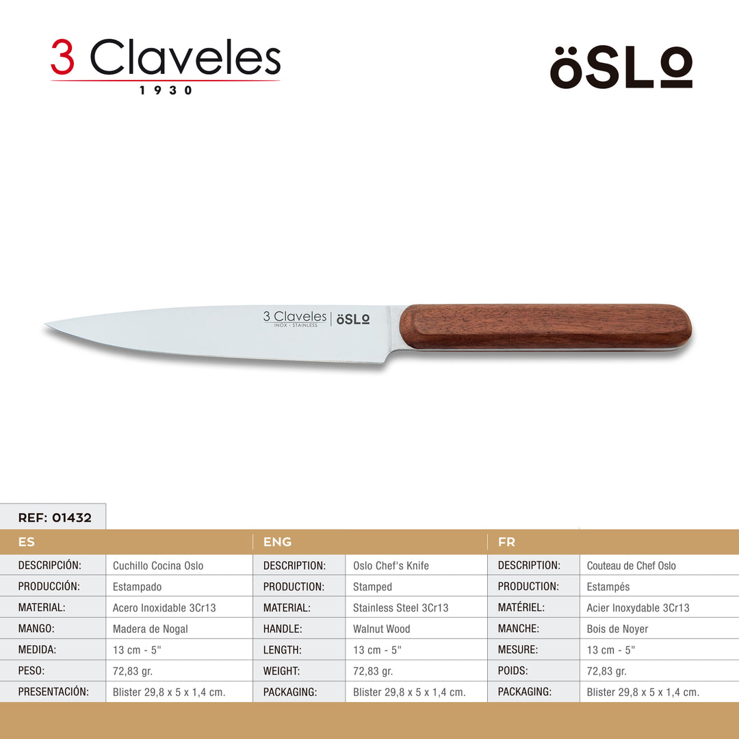 3 Claveles Oslo - Cuchillo Cocina 13 cm Acero Estampado y Mango en Madera de Nogal