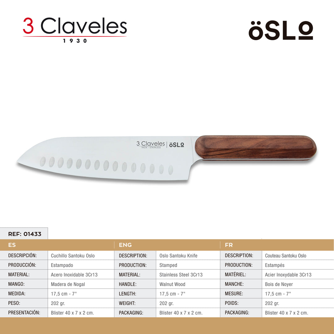 3 Claveles Oslo - Cuchillo Santoku 17.5 cm Acero Estampado y Mango Madera de Nogal