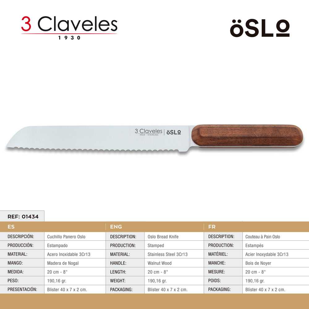 3 Claveles Oslo - Cuchillo Panero 20 cm Acero Estampado y Mango Madera de Nogal