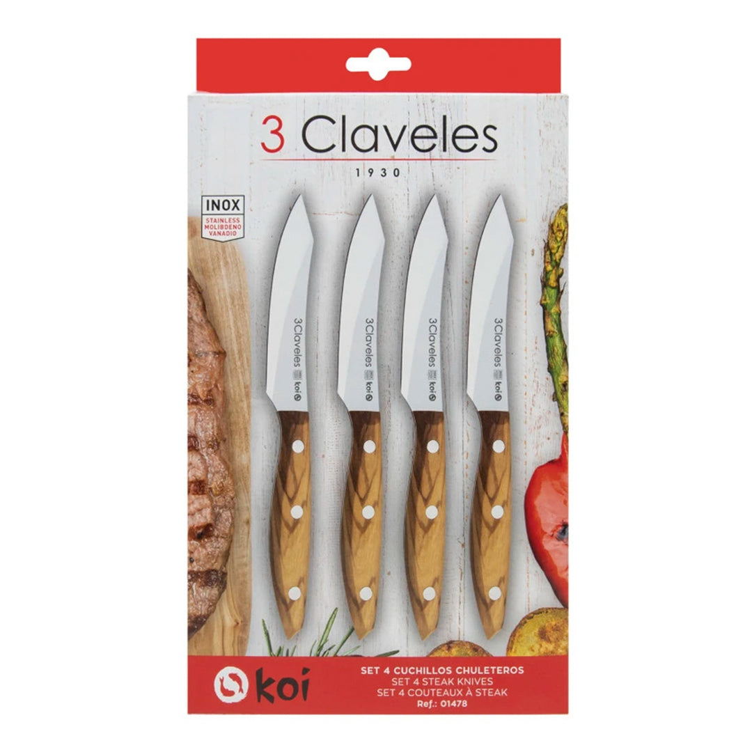 3 Claveles Koi - Set de 4 Cuchillos Chuleteros Lisos 11.5 cm en Acero Inox. Mango Olivo