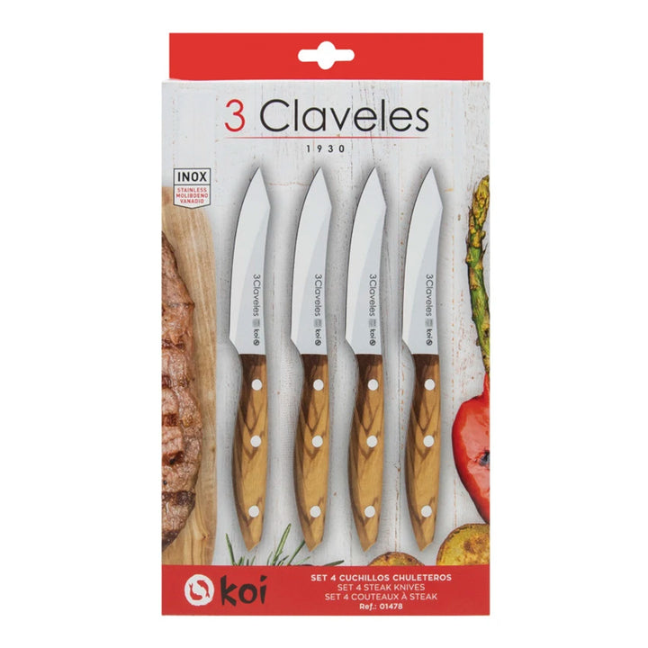 3 Claveles Koi - Set de 4 Cuchillos Chuleteros Lisos 11.5 cm en Acero Inox. Mango Olivo