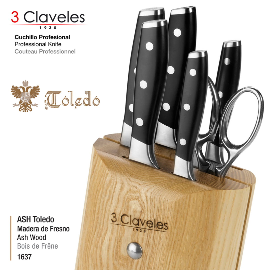 3 Claveles Toledo - Juego de 5 Cuchillos de Cocina y Tijeras. Taco ASH. Forjados en Caliente