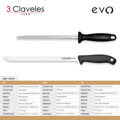 3 Claveles EVO - Set Cuchillo Jamonero Flexible de 25 cm con Chaira de 20 cm